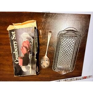 Leonard Crystal Cranberry Dish with Silverplated Serving Spoon Set Vintage